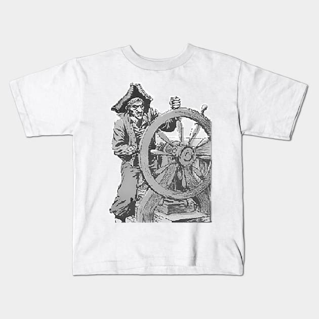 Pirate guiding the helm of the boat Kids T-Shirt by Marccelus